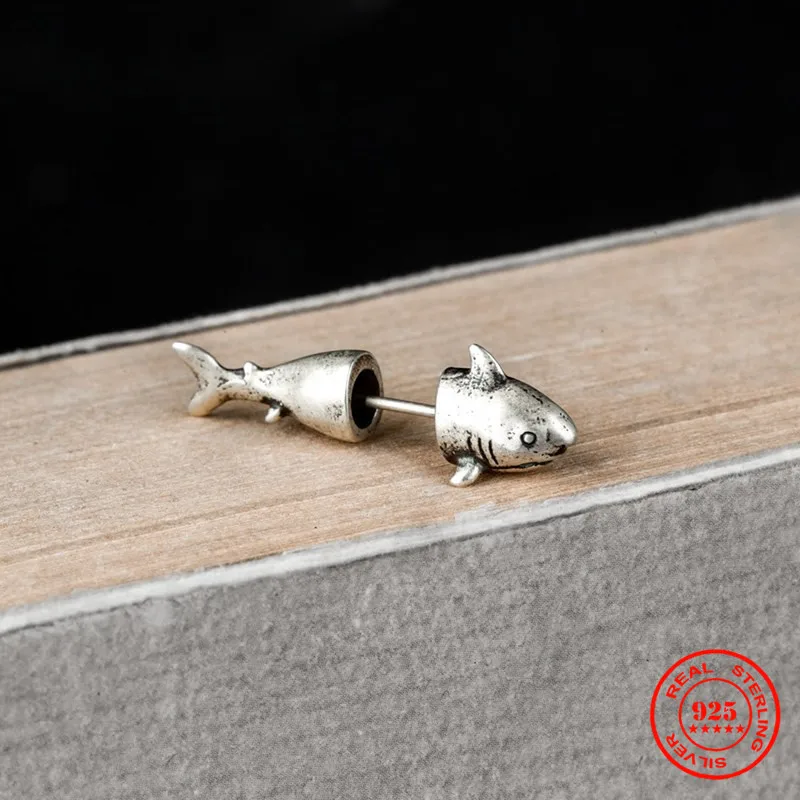 MKENDN 100% 925 Sterling Silver Creative Retro Shark Stud Earring Trendy Ocean Punk Style Ear Pin For Men Women Fine Jewelry