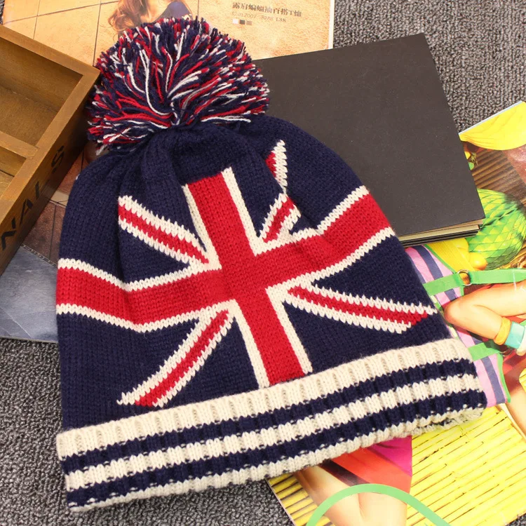 Fashion Casual USA Star And Striped Flag Beanies Women Men Autumn Winter Pom Poms Ball Knitted Cap British Flag Beanies