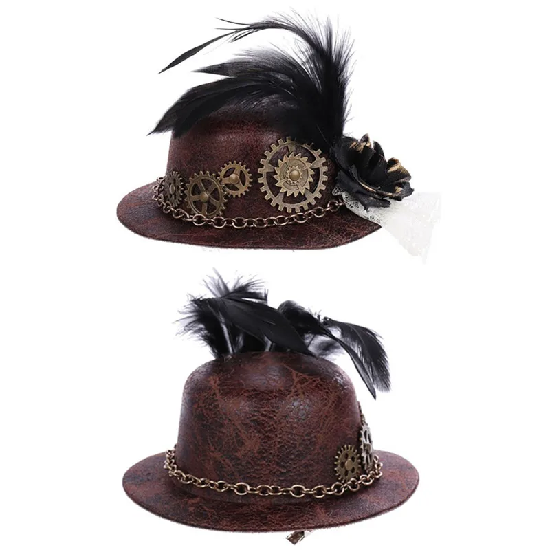 Women Halloween Gothic Mini Top Hat Steampunk Gears Chain Feather Flower Lace Fascinator Hair Clip Victorian Fancy Dress Cosplay