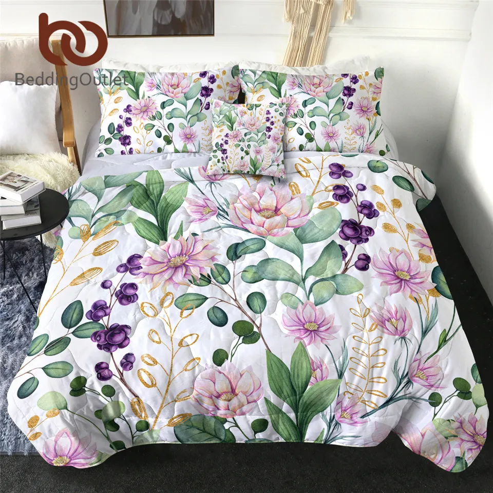 

BeddingOutlet Flower Quilt Blanket Floral Thin Quilt Set Watercolor Summer Quilt Set 4-Piece Green Purple Pink Bed Cover Edredom