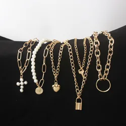 Multi-layers Necklaces for Women Personality Hollow Geometric Pendantes Necklaces Gold Color Cross Necklaces Punk Collar