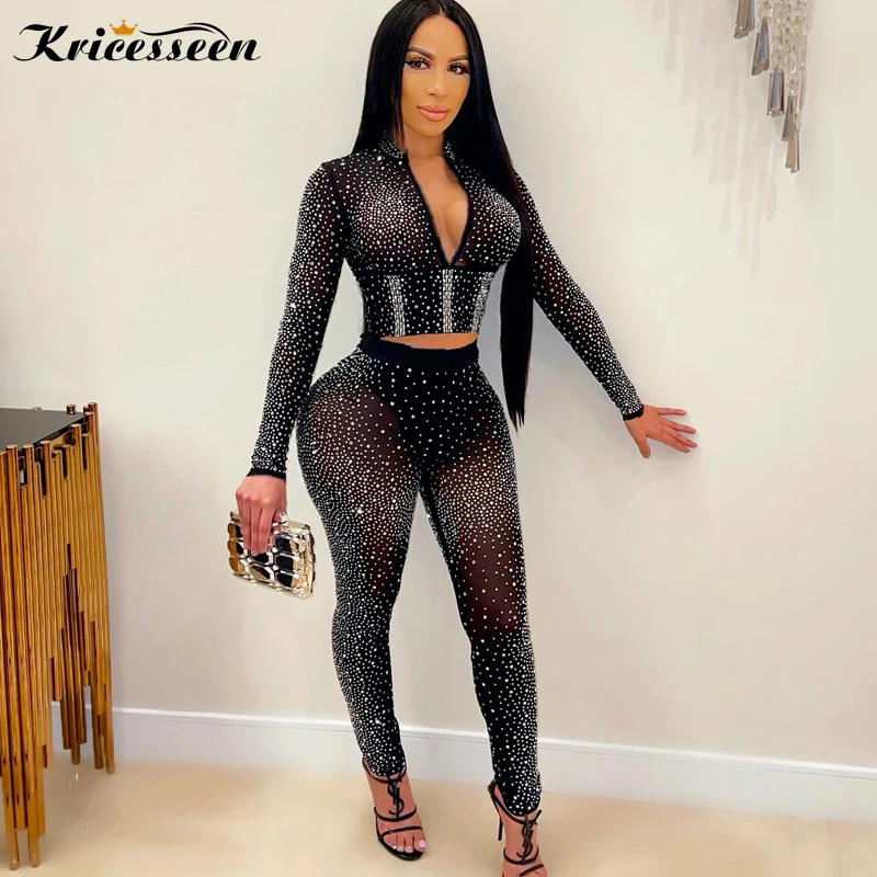 Kricesseen Sexy Black Diamond Crystal Pant Set Women Long Sleeve Zipper Top And See Through Pants Suit Party Club Matching Set