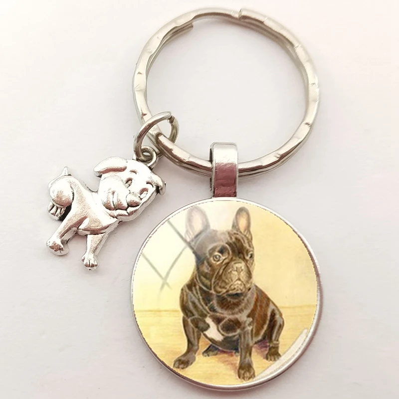 Fashion Bulldog Keychain English Bulldog Keychain Charm Round Handmade Craft Glass Dome Keychain Ladies Bag Keyring