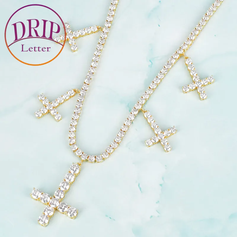 

4mm Tennis Necklace Chain With Zircon Cross Pendant Men's Hip Hop Gold Color Jewelry