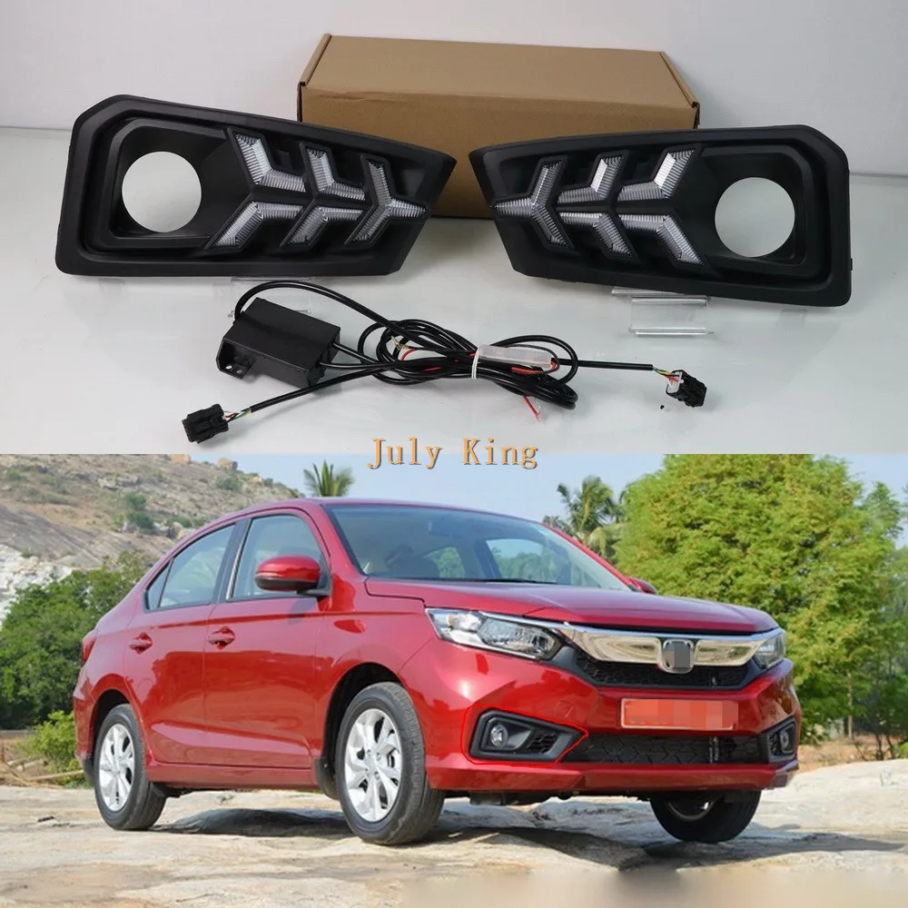 

July King Car Daytime Running Lights Compatible for Honda Amaze 2018+, LED 6000K Front Bumper DRL + Streamer Yellow Turn Signals