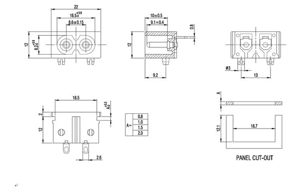 IEC 60320 C8 AC Power Socket inlet split panel and 2 pin PCB Mount