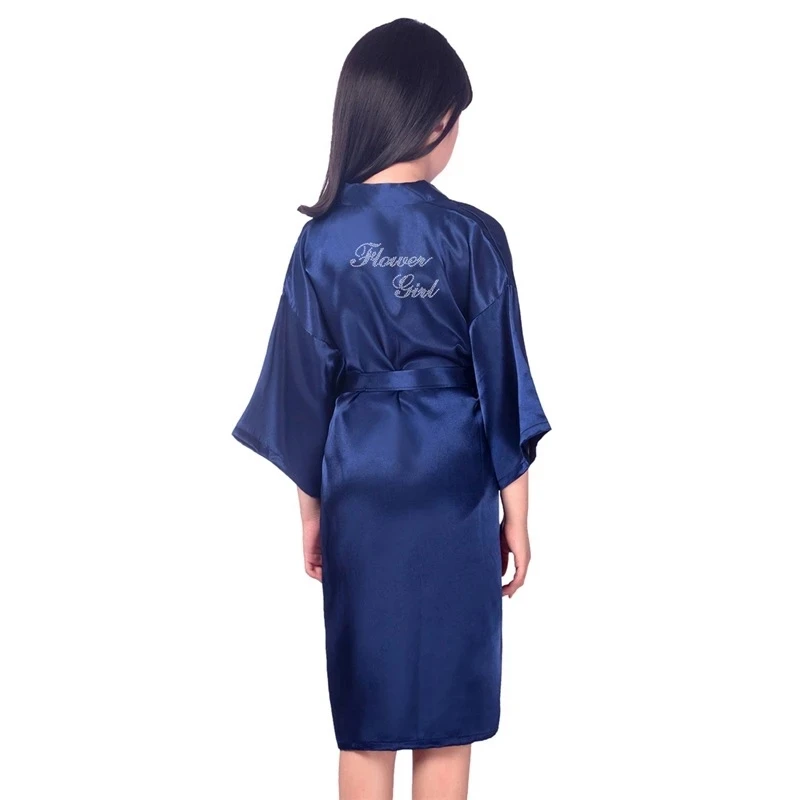 Wholesale Link Flower Girl Rhinestones Children Girl Satin Silk Kimono Robe Bathrobe Kids Sleepwear for Wedding Spa Party D36