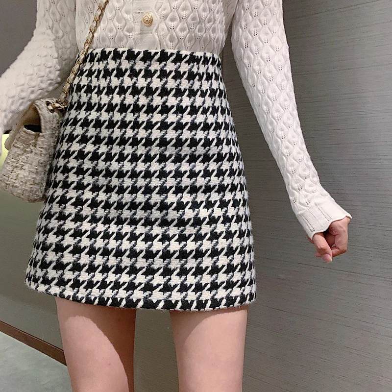 

Women's Short Skirt New High-Waist Houndstooth Woolen Skirt Female Autumn Winter All-Match Black Skirt Korean Thin A-Line Dress