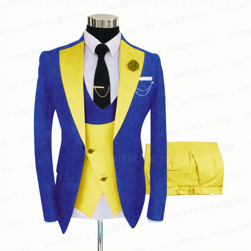 Royal Blue Men Suit 3 Pieces Tailored Best Man Groom Wedding Tuxedo Slim Fit Jacquard Blazer Suit Jacket Yellow Vest Pants Set