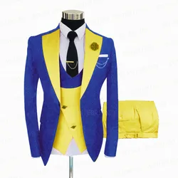 Blazer Jacquard Slim Fit pour homme, veste imbibée, ensemble pantalon en émail jaune, smoking sur mesure pour meilleur marié, bleu royal, 3 pièces