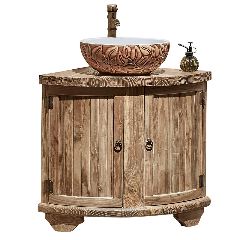 Retro Solid Wood Washstand Arc Fan-Shaped Right Angle Modern Chinese Corner Triangle Bathroom Cabinet Combination