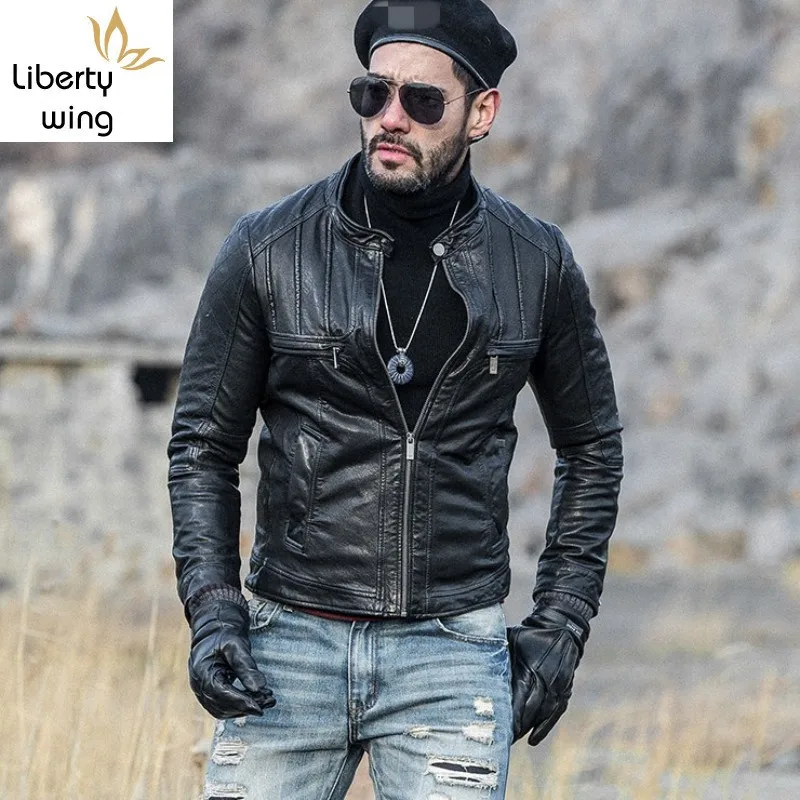 

Brand Motorcycle Sheepskin Short Coat Men Fashion Slim Genuine Leather Jacket Plus Size 5XL Autumn Stand Collar Zipper Outerwear