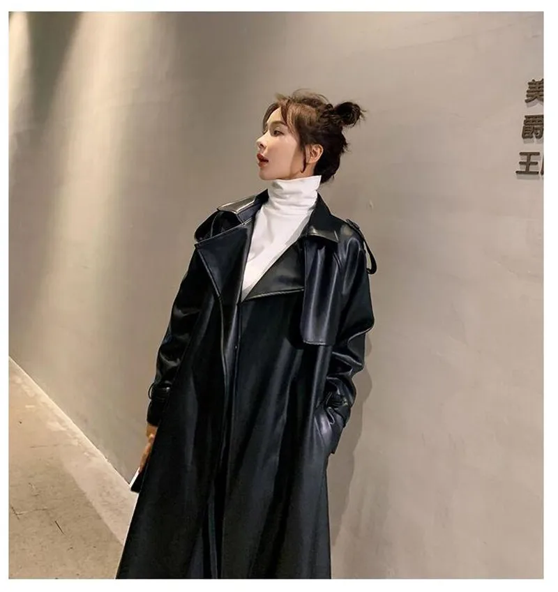 Nerazzurri Spring Black Oversized Long Waterproof Leather Trench Coat for Women 2021 Long Sleeve Loose Korean Fashion Clothing