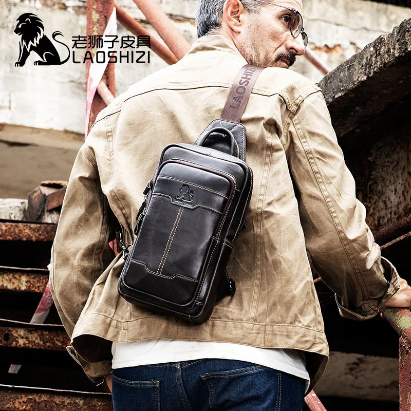 Bolso de pecho de cuero genuino de aceite para hombres, bolsos de mensajero de diseñador, paquete de pecho de moda para hombres, bolso de hombro de