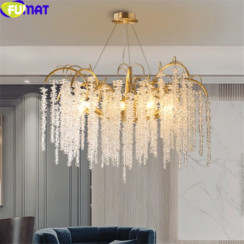 

FUMAT Crystal K9 Chandeliers Modern French Style Ice Bunch Pendant Light Gold Art Hanging Lamps Fixture Dimming Remote Control