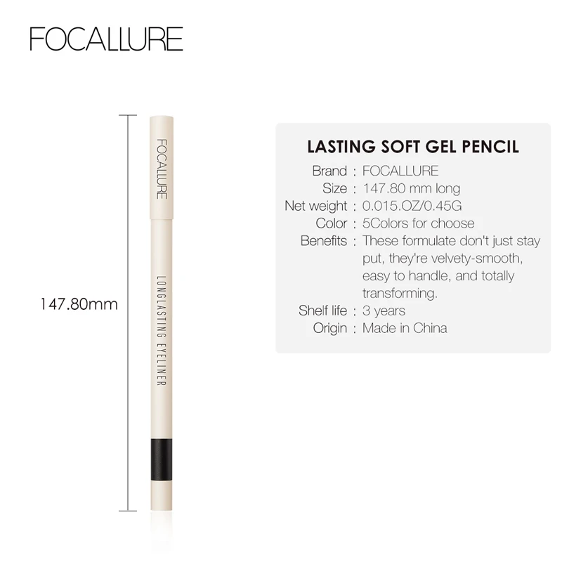 FOCALLURE Makeup Eyeliner Gel Pencil Long Lasting Soft Smooth Black Brown Champagne Nude Shine Beauty Make Up Eye Liner Cosmetic