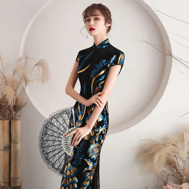 Gaun Pesta Malam Elegan Qipao Beludru Ramping Wanita Cheongsam Bunga Payet Velour Oversize 4XL Vestidos Lengan Pendek