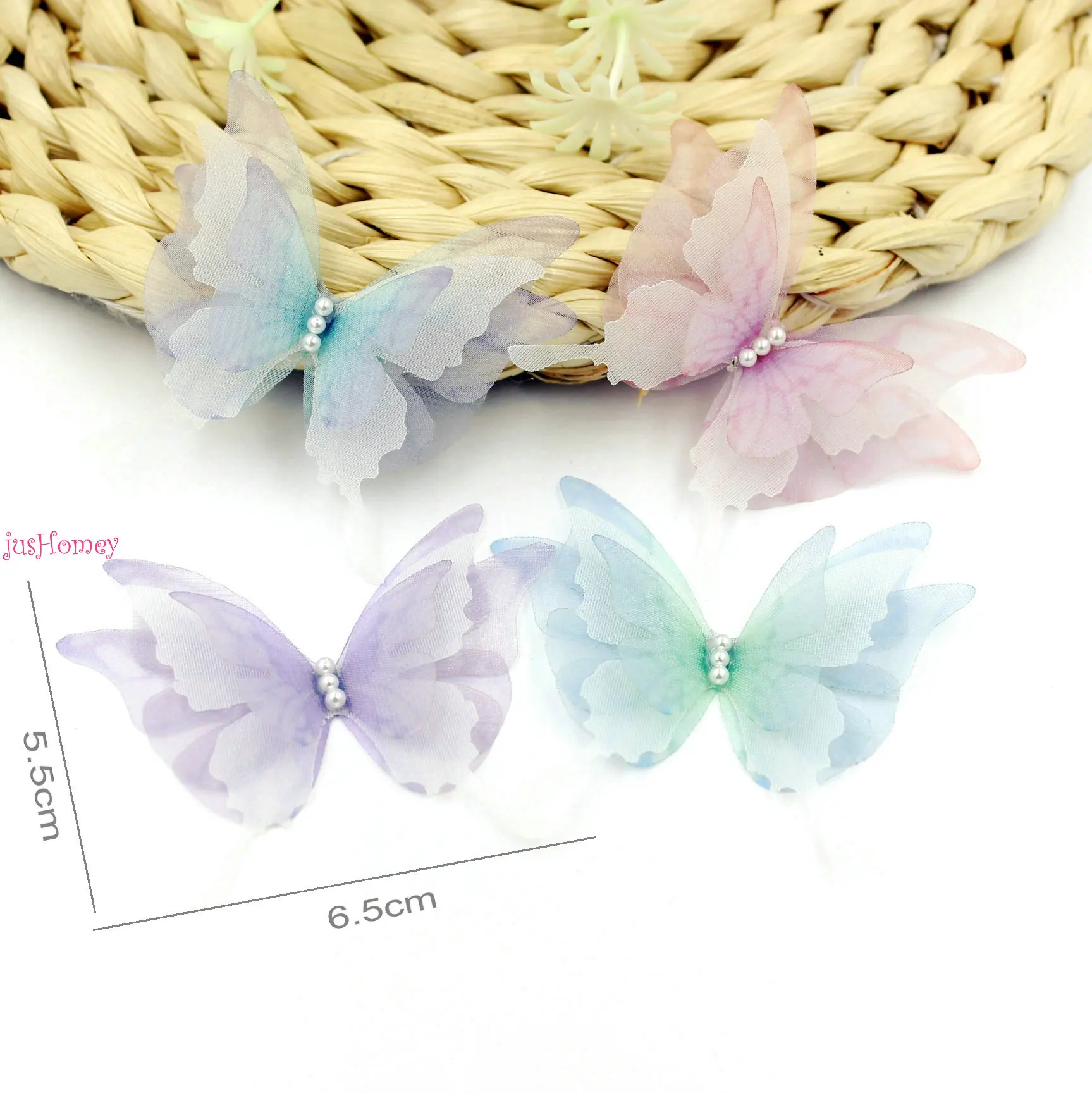 40PCS 4-layered Organza Swallowtail butterfly appliques 6.5CM Silk Butterflies w/ Pearl for Jewelry Making, Choker, Hair Clips