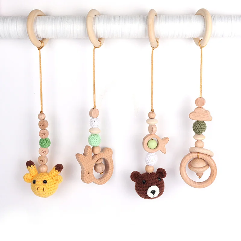 4Pcs/Set Baby Wooden Bear Rabbit Rattle Toys Hanging Play Gym Wood Crochet Pendant Teether Accessories Nursing Stroller Toys