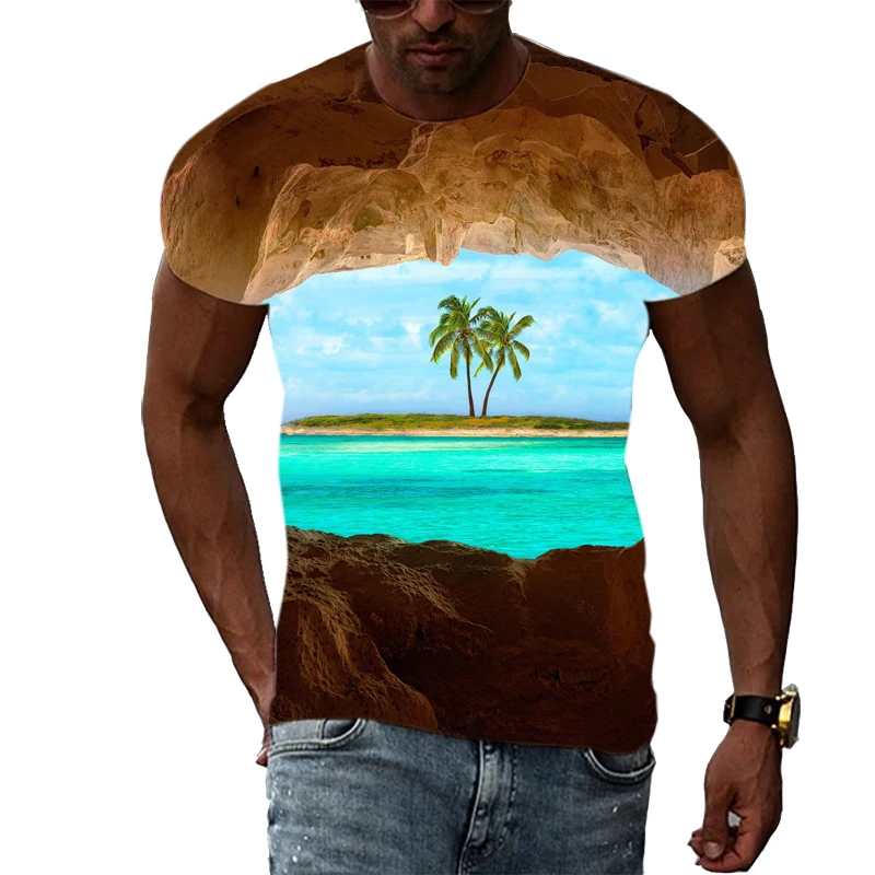 Summer Natural Scenery Print Men\'s t-shirts Fashion Landscape graphic t shirts Beach Sea View Pattern short sleeve t-shirts Top