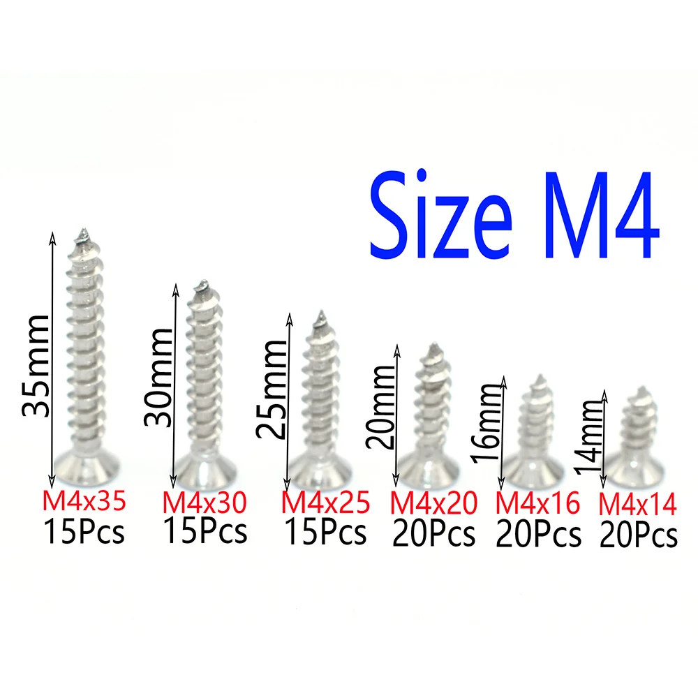 M4 Stainless Steel Self Tapping Screws Assortment Set 105Pcs Phillips Flat Head Screw Kit for Wood, Sheet Metal, Plastic