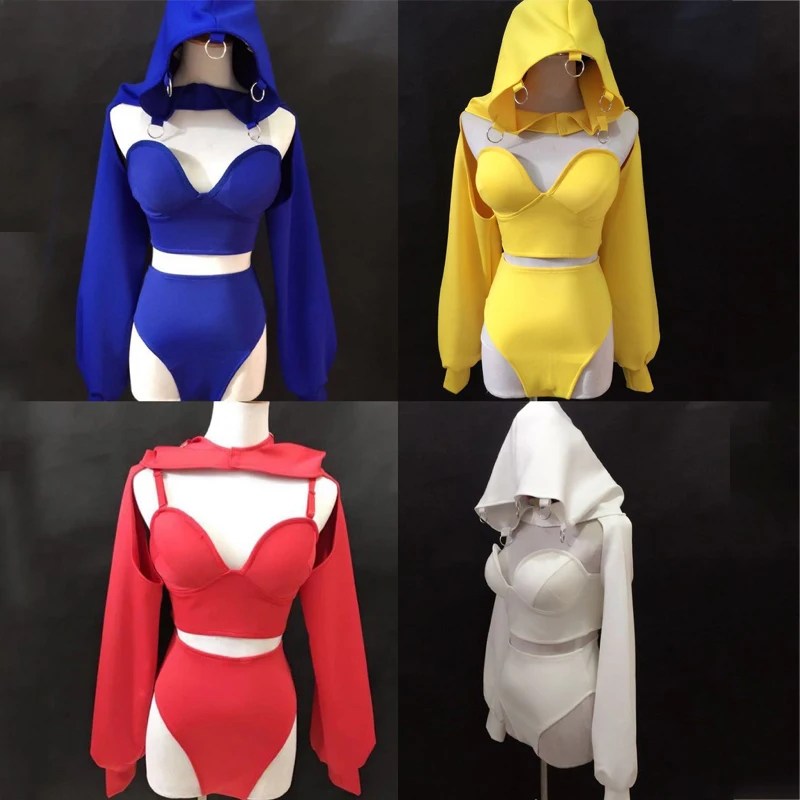 

Nightclub Bar Gogo Costume Sexy Multicolor Pole Dancing Hoodies High Waist Shorts Ds Jazz Dance Clothes Female Group Wear XS2956