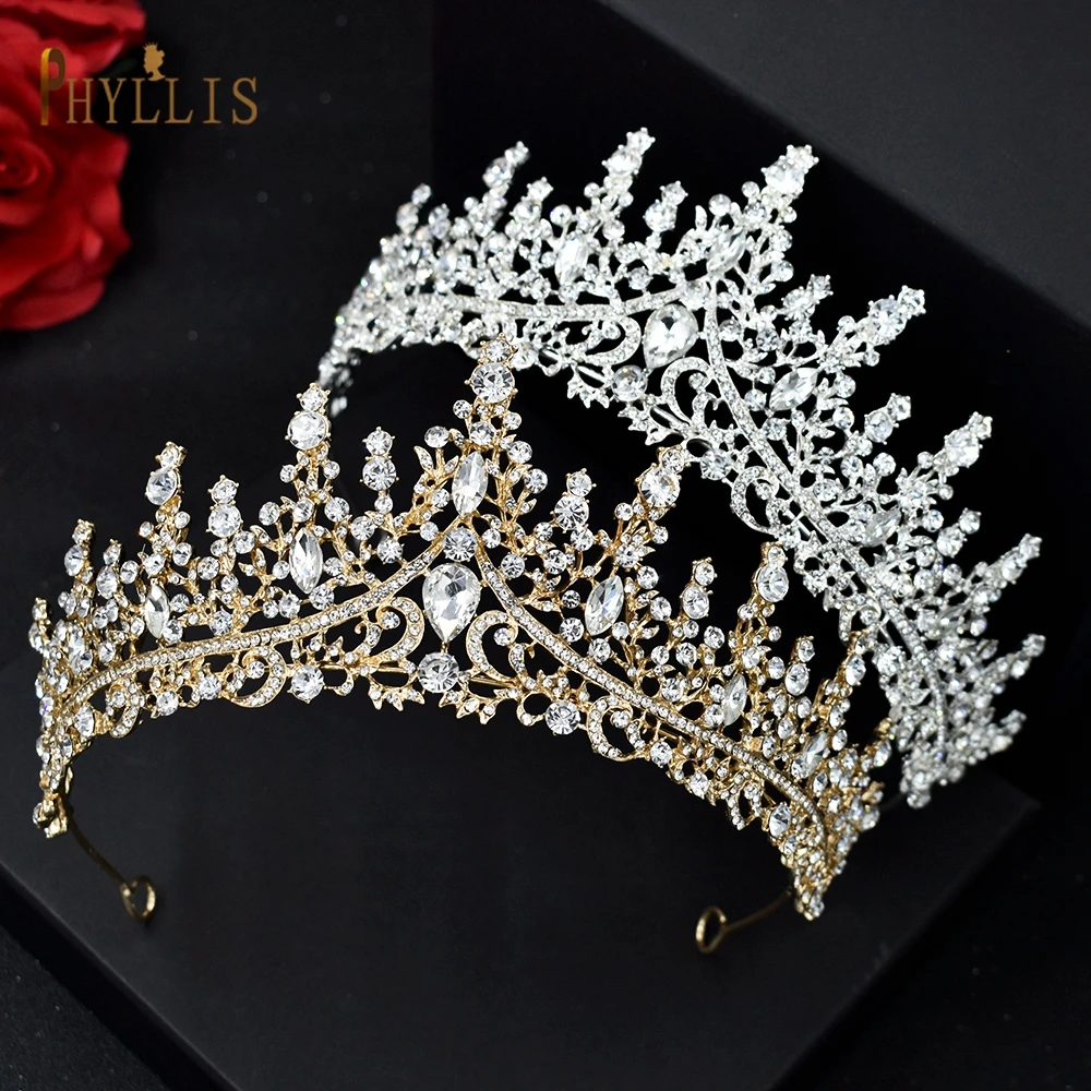 A158 Golden Bridal Crown อุปกรณ์เสริมผมคริสตัล Tiaras Rhinestone แถบคาดศีรษะ Vintage เครื่องประดับผมแต่งงานเจ้าสาว Headwear