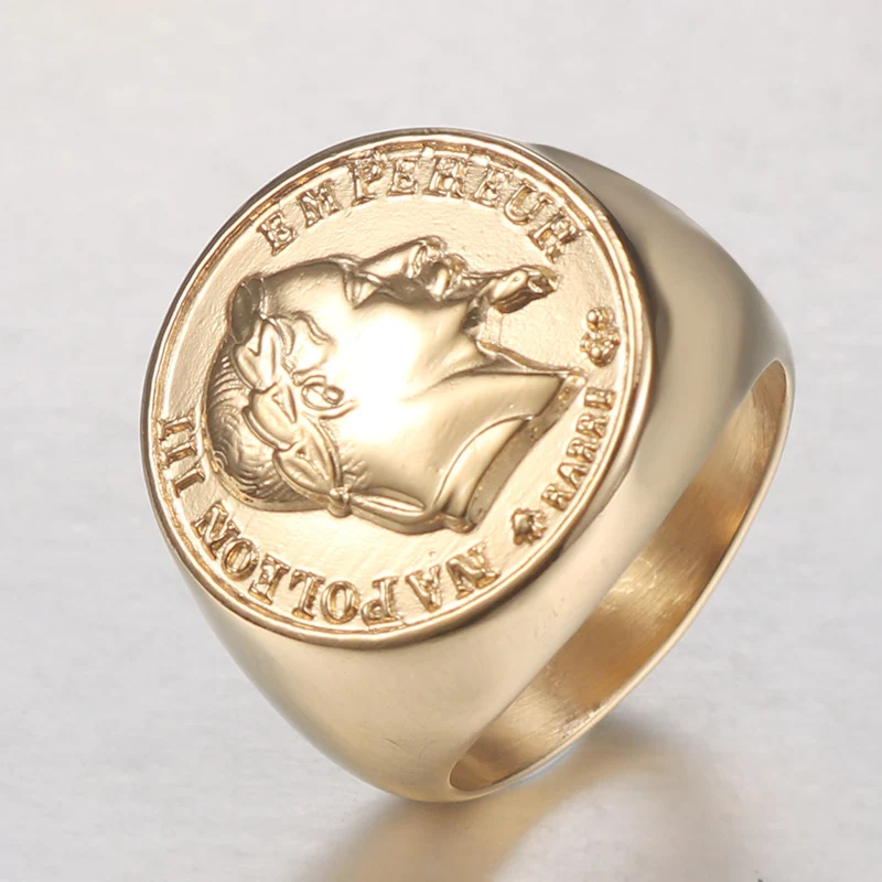 French Napoleon III Emperor Signet Ring Gold For Men Stainless Steel Francs Coin Jewelry Punk Size 7-14