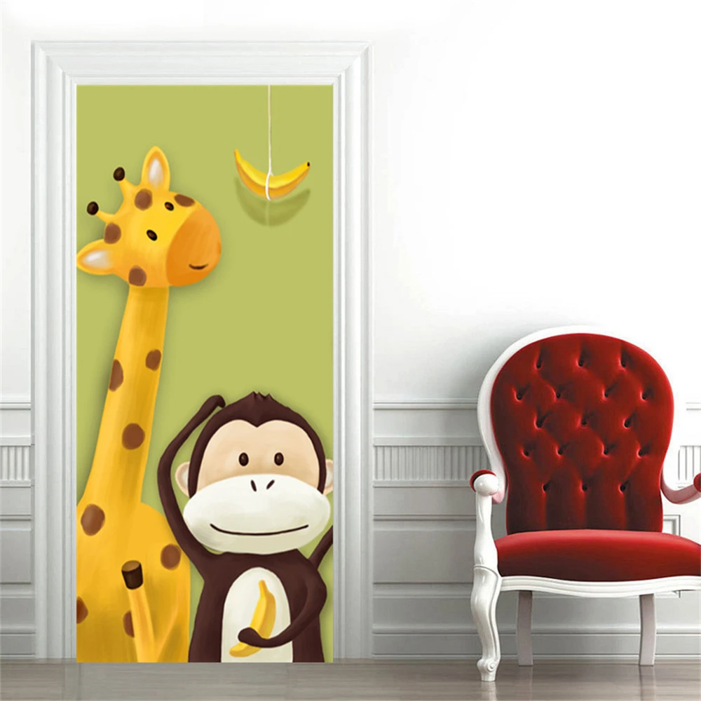 Cartoon Children Door Sticker For Kids Boys Girls Room Bedroom 3d Wallpaper Self-adhesive Jungle Lion Giraffe Decoration Poster