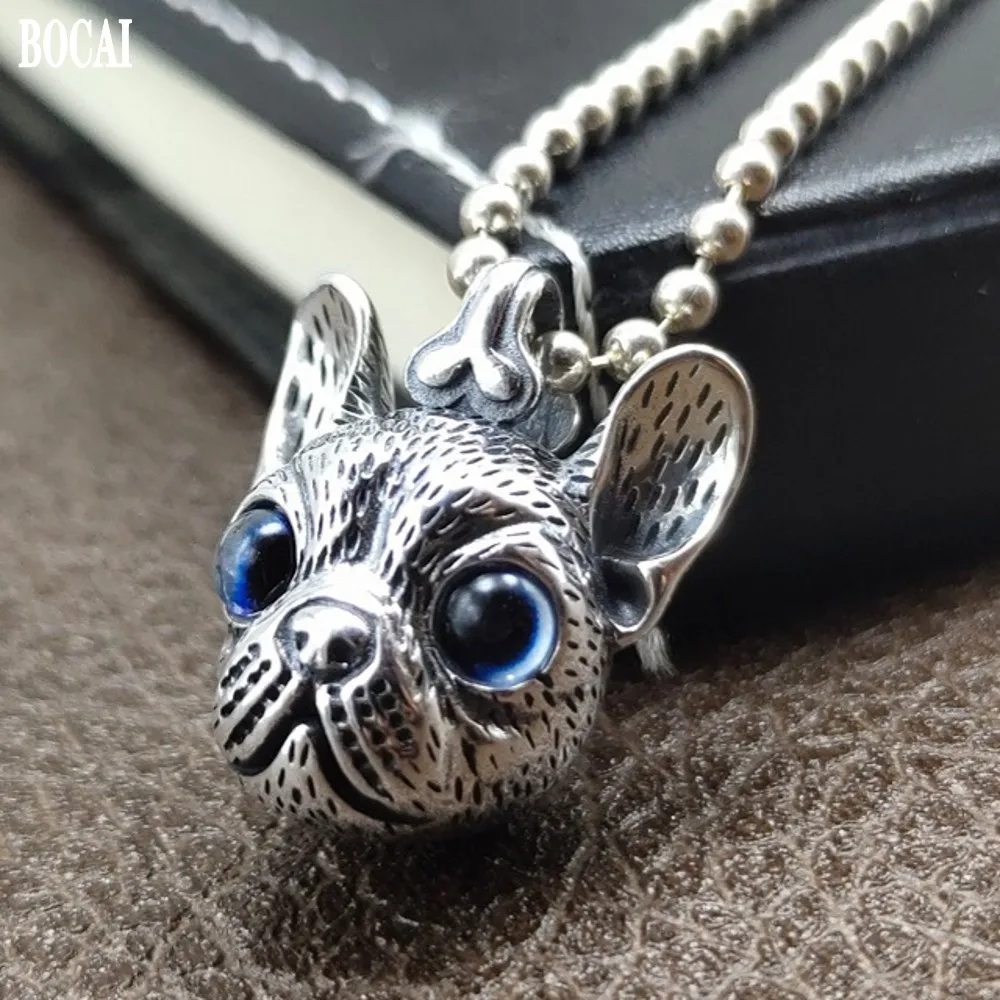 

BOCAI New Real Solid S925 Sterling Silver Bulldog Pendant For Men and Women Moonstone Eyes hairless Bulldog Original Couple Gift