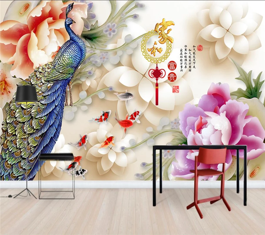 

Custom wallpaper 3d graceful jade carving peony peacock background wall living room bedroom restaurant decoration painting обои