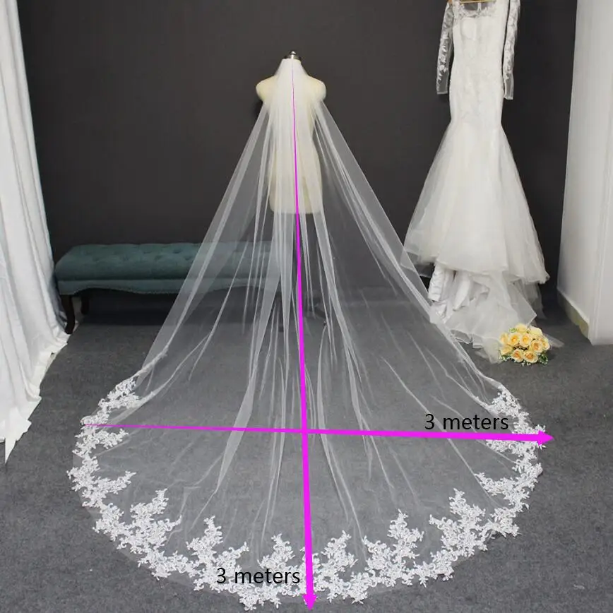 Voile de mariage Long en dentelle avec peigne, 3 mètres, pour la mariée, une couche, blanc ivoire, accessoires de mariage