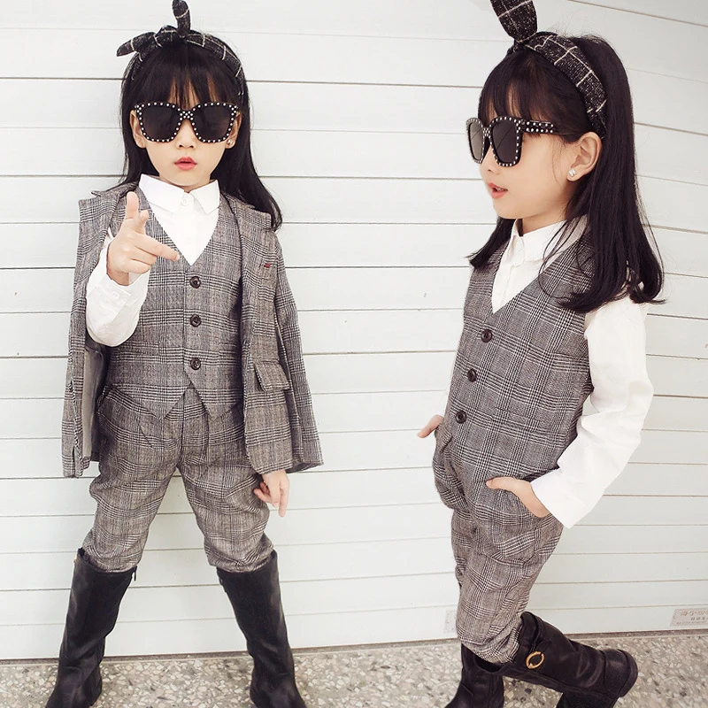 Top Quality Girls Formal Suit Korea Kids Party Wedding Suit School Children Performance Birthday Evening Dress Clothing Set