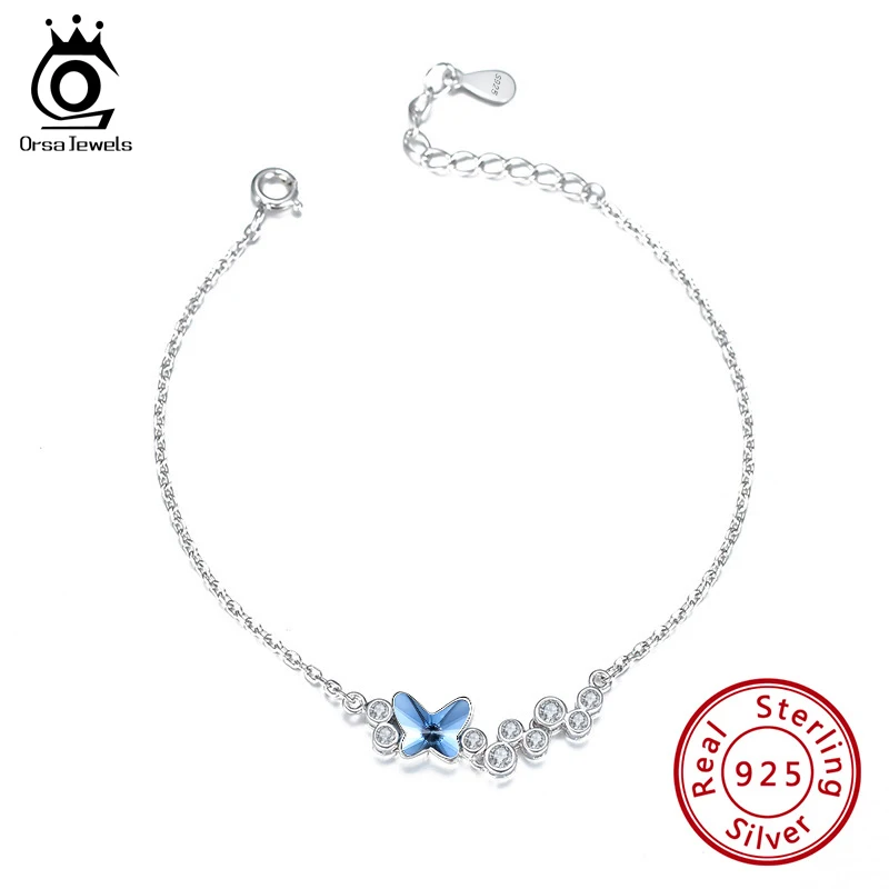 

ORSA JEWELS Newest Blue Austrian Crystal Bracelets for Women 925 Sterling Silver Lucky Butterfly Wedding Party Jewelry SWB02