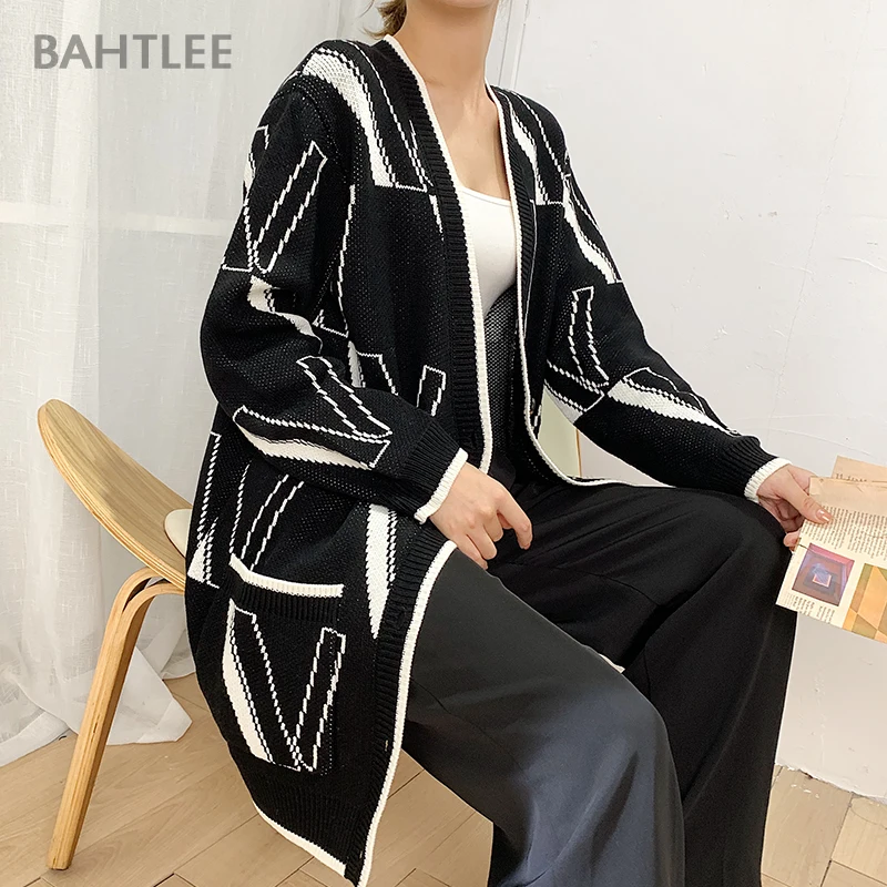 BAHTLEE-Women's Long Wool Cardigans, Jacquard Fabric, Knitted Jumper, Long Sleeves, V-Neck, Loose Style, Black Color