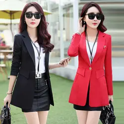 Women Blazer Coat Spring Autumn Suit Jacket Ladies Long Blazer Coats Size M-4XL Three Colors Black Red Yellow C1511