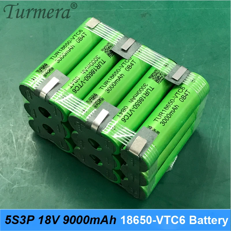 

Battery Pack 5S 18V 21V 9000mAh VTC6 TUR18650VTC6 5S3P 3000mah Battery 30A for 18V Screwdriver Shurika Battery Customize Turmera