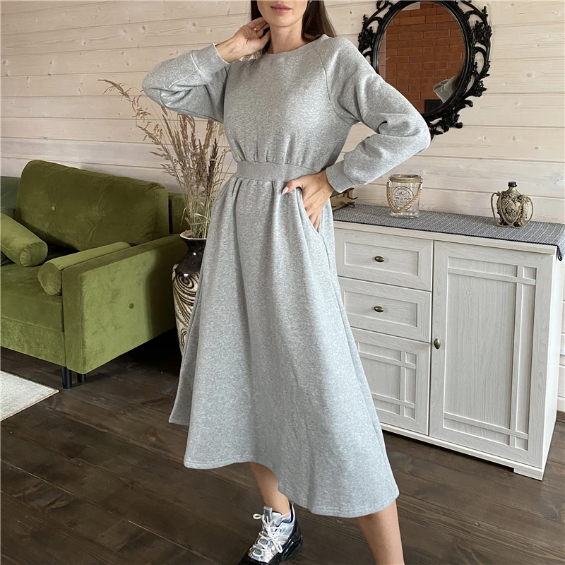 Casual Long Minimalist Pockets Wild Warm Dress New Winter Spring Women Dresses Thicken High Elastic Waist