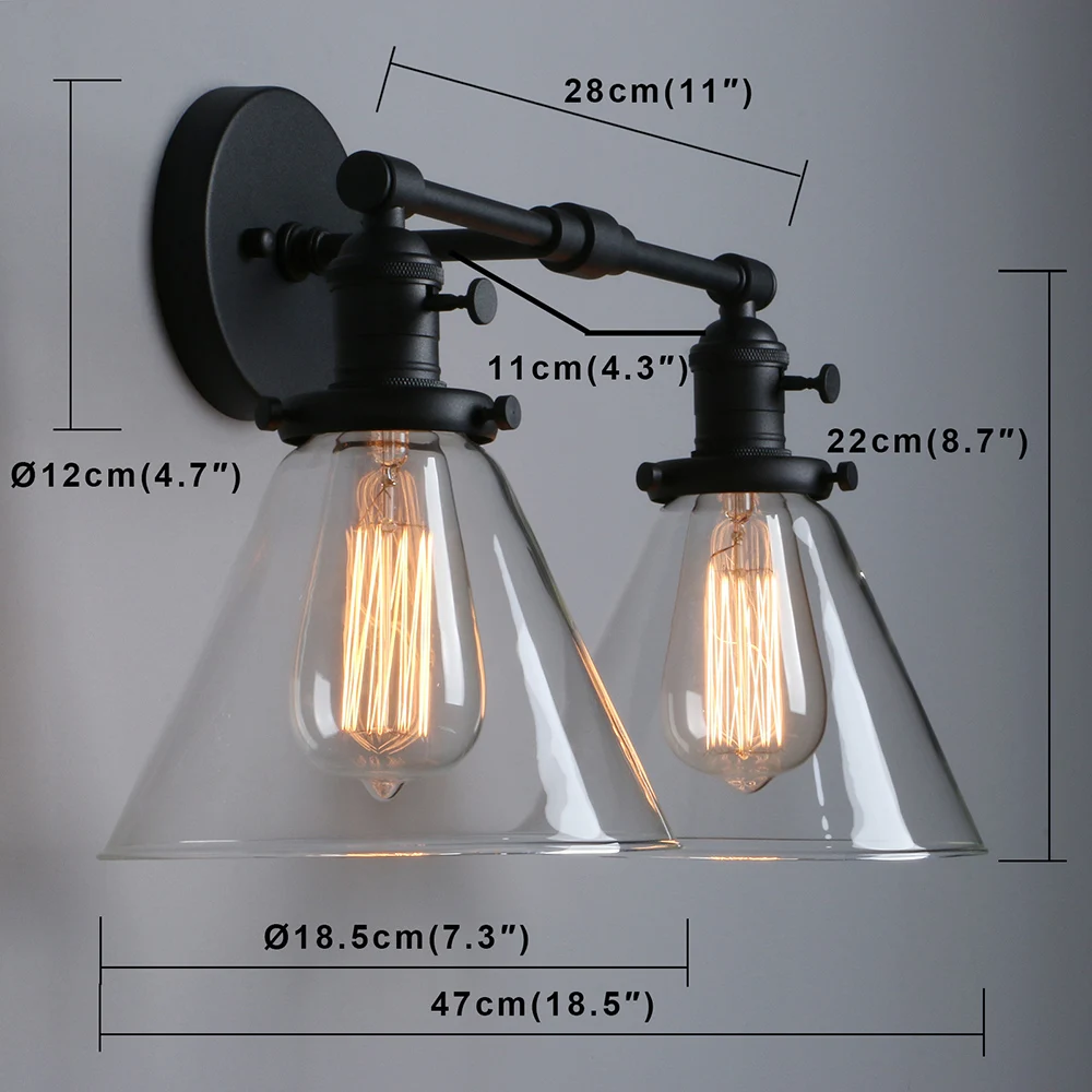 Permo Dubbele Blaker Licht Industriële Wandlamp Met Dual 7.3 Inch Cone Helder Glas Lampenkap