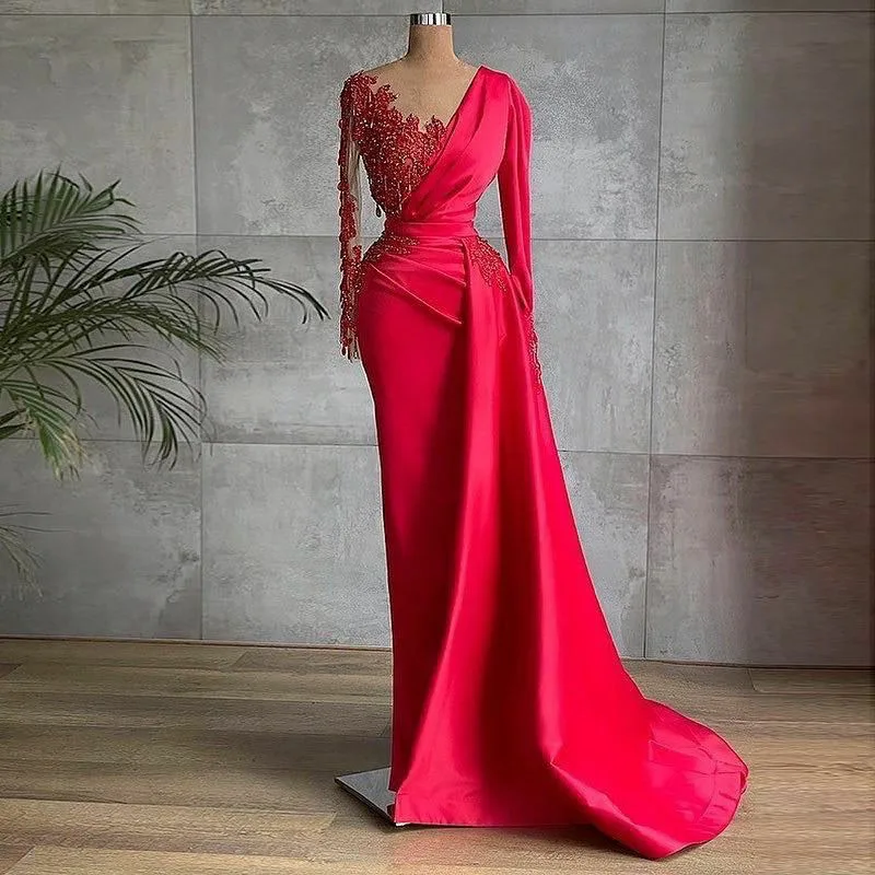 SoDigne Arabic Red Satin Mermaid Prom Dresses V-Neck Vintage Long Sleeves Evening Gown Pleats Beads Lace Dubai Women Party Gown