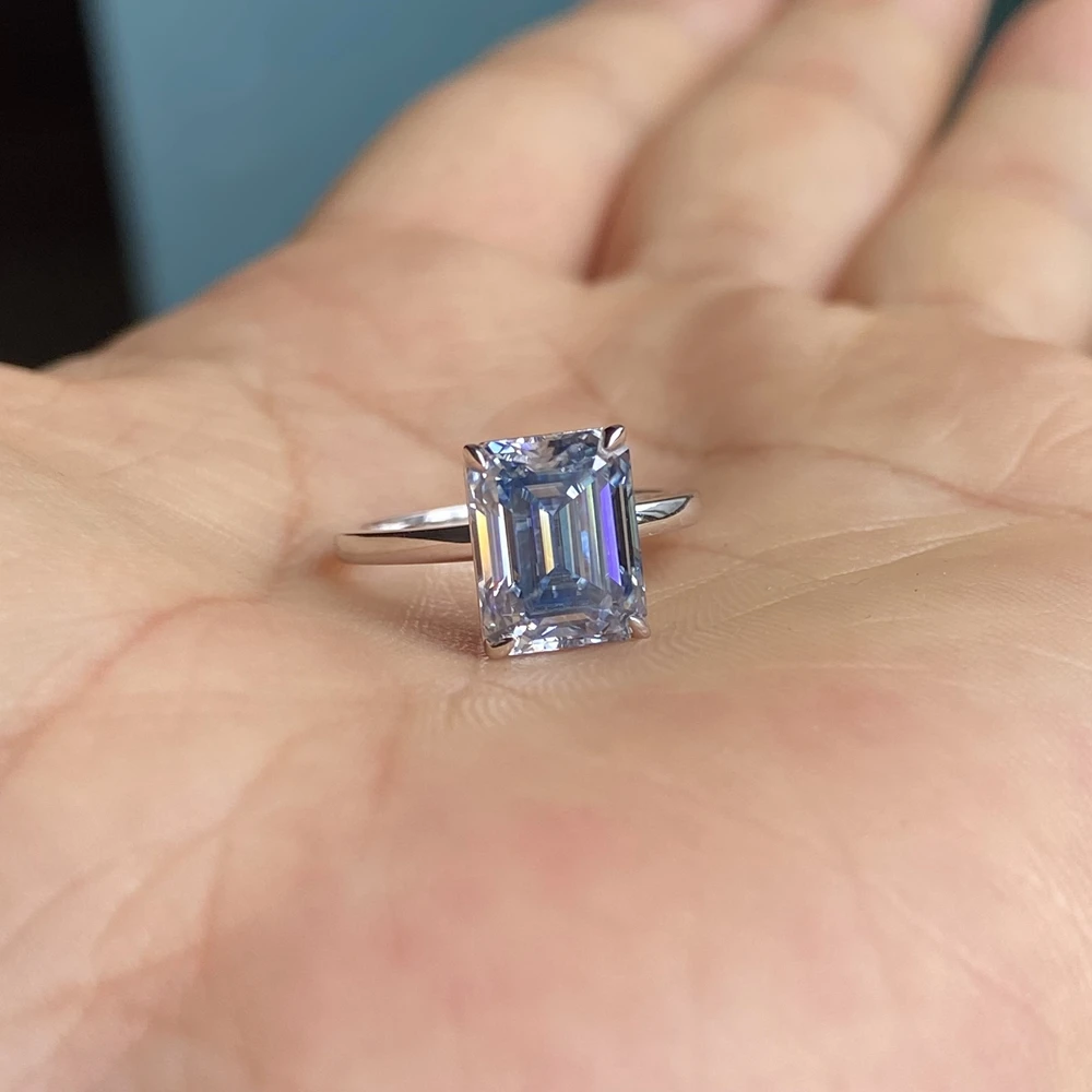 

S925 Sterling Silver Ring 3ct Emerald Cut Blue Moissanite Diamond Gemstone Wedding Ring