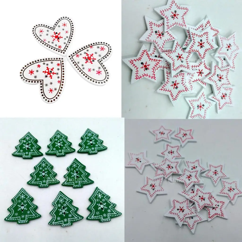 25 Pieces Snowflake Christmas Tree / Love Heart / Star Wooden Buttons Embellishment Fit Sewing & Scrapbooking 2 Holes