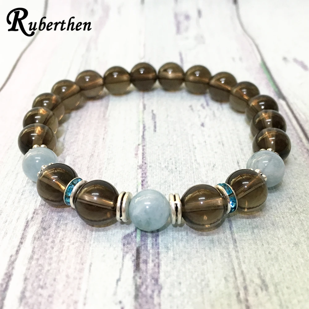 Ruberthen 8 mm AA Grade Smoky Quarz Bracelet Natural Aquamarin e Powerful Bracelet High Quality Women`s Protected Bracelet