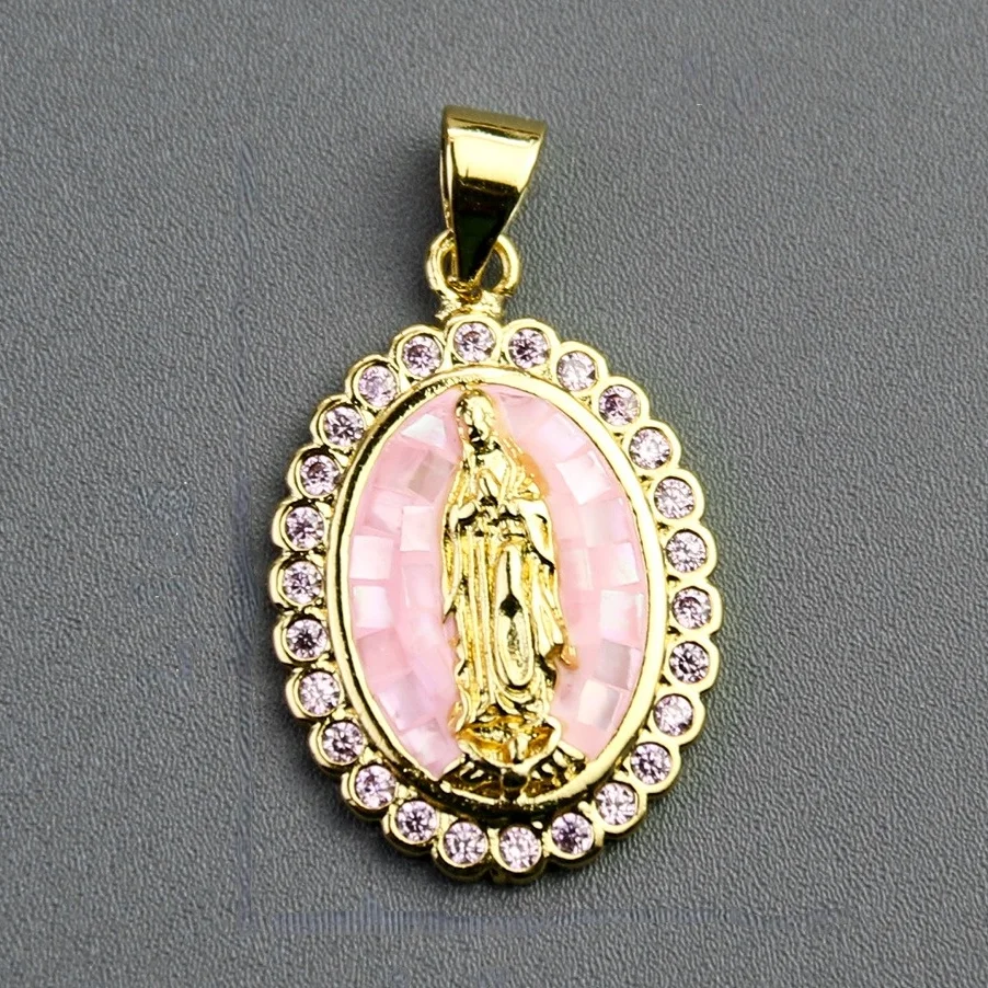 Real Shell Virgin Mary Pendant Zircon Pink Guadalupe Christian Amulet Pendant DIY Necklace Accessories Charms for Jewelry Making