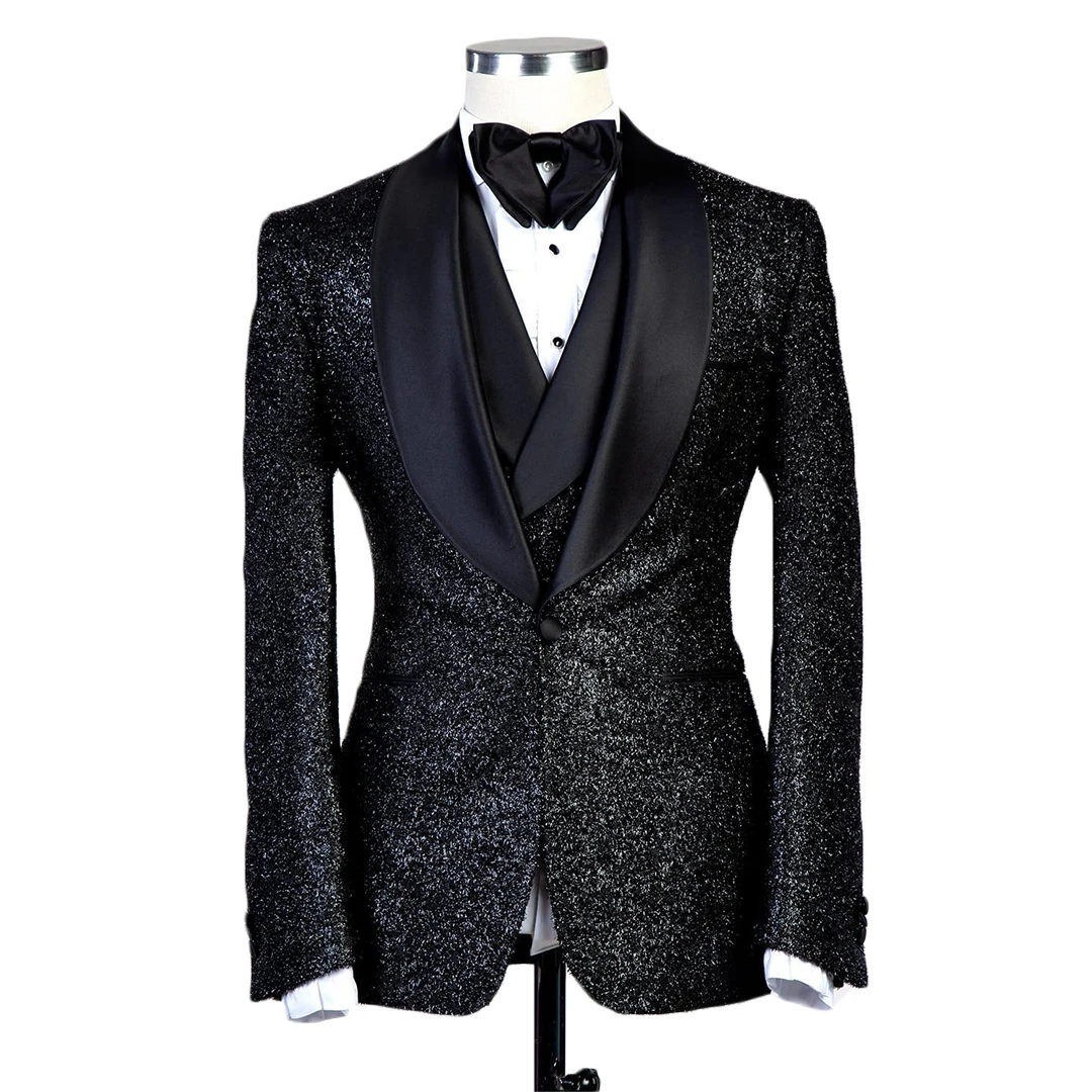 Glitter เลื่อมสีดำ Mens เจ้าบ่าวชุดแต่งงาน Blazer Tuxedos อย่างเป็นทางการพรหมกางเกงเสื้อแจ็คเก็ต3ชิ้น