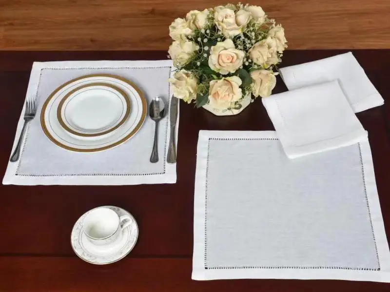 2pcs Hemstitched Napkins/Placemat,100% Linen, Handmade, White/Off White,  banquets/Hotel/Cafe