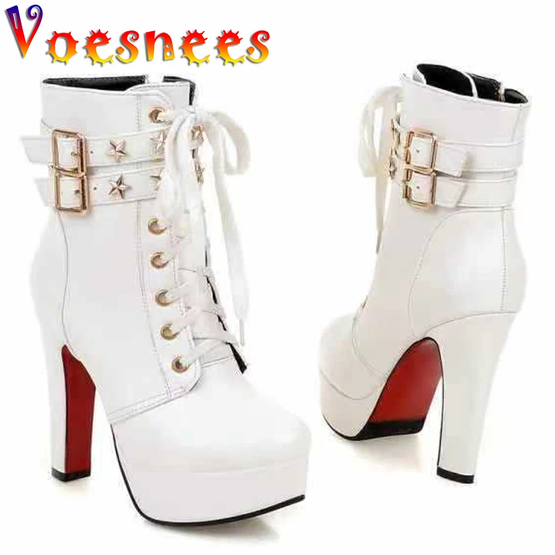 Voesnees Boots Women 2021 Platform Round Toe Side Zipper High Heels 12cm Thick Heel Belt Buckle Female Shoes Middle Tube Boots