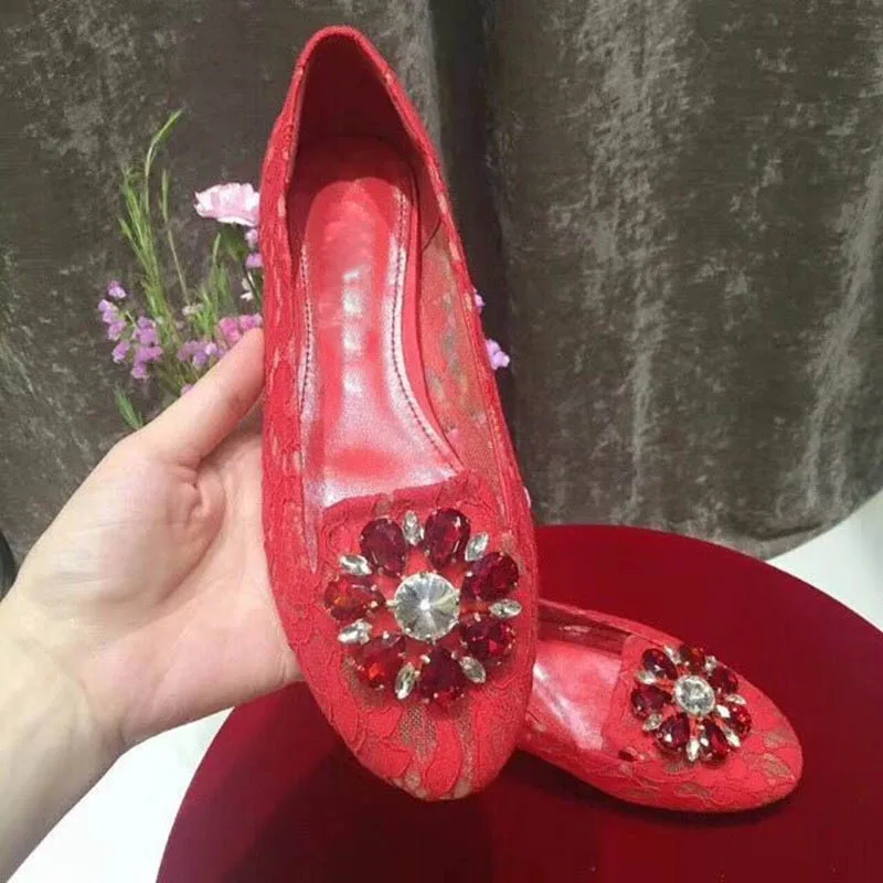 Summer Floral Lace Rhinestone Embellished Flat Shoes Women Glitter Crystal Flower Buckle Loafers Slip On Beauty Wedding Shoes