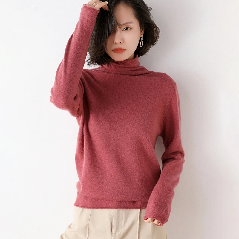 Women's Cashmere Sweater Autumn And Winter New Product 100% Pure Wool Pullover Loose Wild Soft Knit High Neck Korean Base Shirt