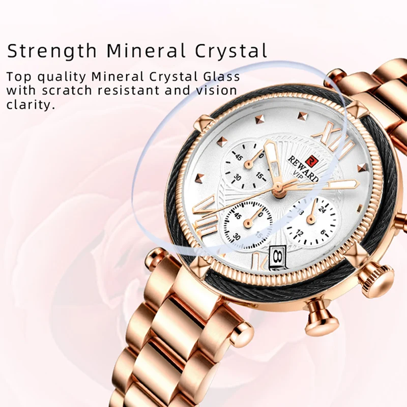 REWARD Fashion Women Wristwatch Stainless Steel Strap Quartz Watches Chronograph Calendar Waterproof Wrist Watch Gift for Wife